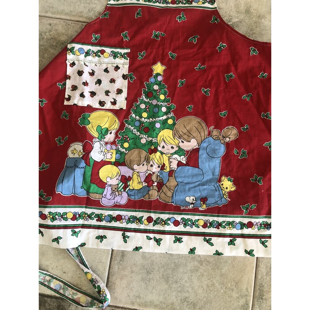 Vtg 90s Precious Moments Christmas Full Apron Red Handmade With Pocket - Picture 2 of 4